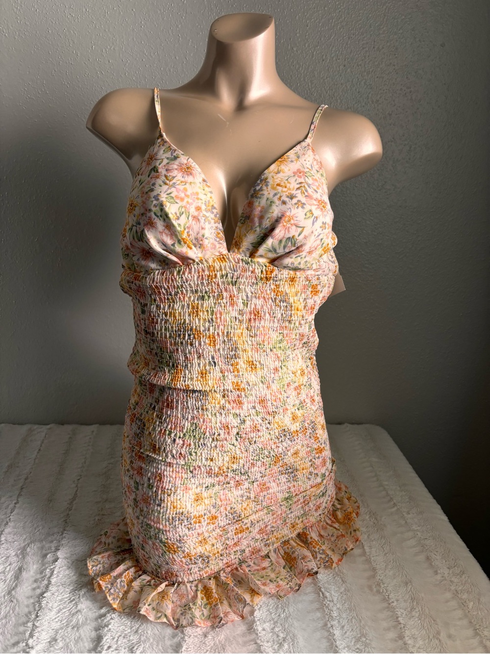 Floral Smocked Mini Dress in Pastel Pink & Yellow Cottagecore Y2K Fairycore New
